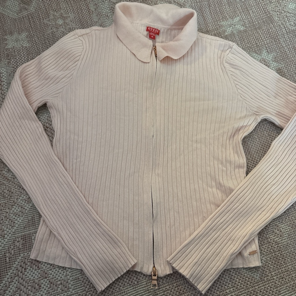 Guess Light Pink Ribbed Zip-Up Sweater